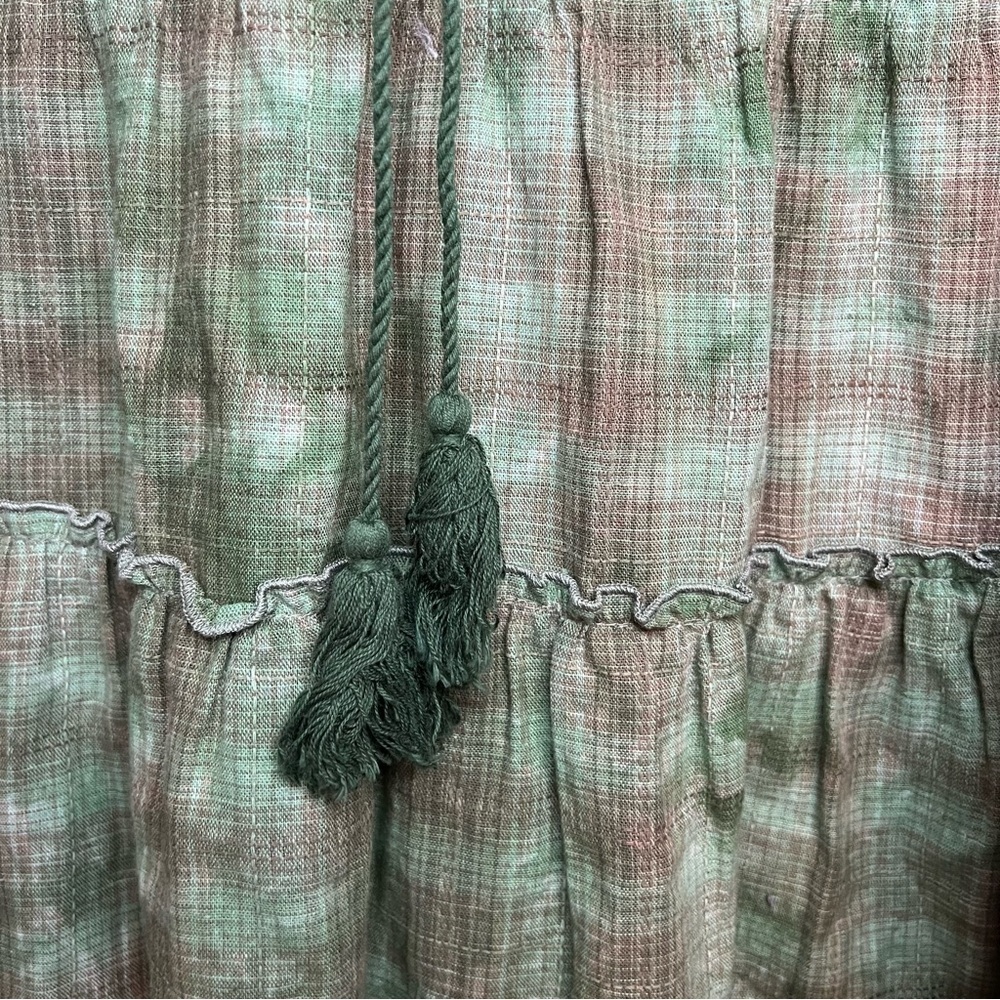 On You | Linen Tiered Tie Dye Mini Dress Babydoll Cuff Sleeve Bamboo Green Sz L - Picture 4 of 15